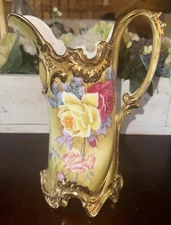 Antique Art Nouveau Pitcher Floral NIPPON Green Maple Leaf HAND PAINTED & Gilt