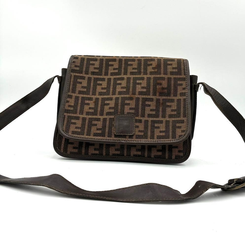 Vintage Fendi Zucca Canvas Leather Crossbody  Shoulder Bag Brown Small Authentic