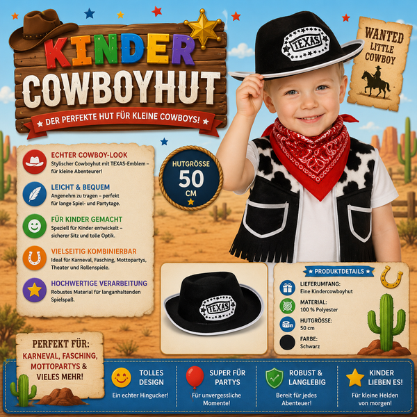 Kinder Cowboyhut Texas Schwarz 50 Cm Western Hut Karneval Fasching Cowboy KostüM-image
