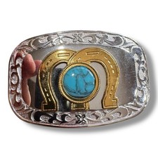 Western Horseshoe Turquoise Belt Buckle Silver Gold Tone Cowboy Rodeo