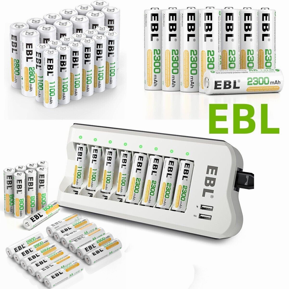 EBL Lot AA AAA Rechargeable Batteries 2800mAh 2300mAh 1100mAh 800mAh NI-MH US-image