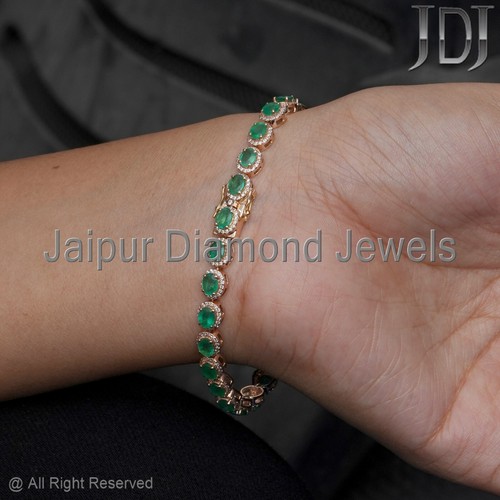 Solid 14k Gelbgold Armband Natürlicher Diamant Smaragd Edelstein Armband Schmuck - Bild 5 von 12