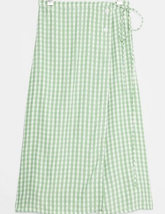 Anthropologie Faithfull the Brand Jenesse Green White Gingham Wrap Skirt XL NEW