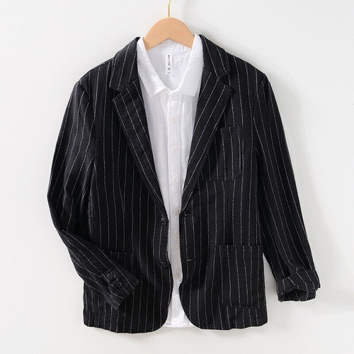 Traje de Lino Literario Retro a Rayas para Hombres Chaqueta Abrigo Informal Negocios Prendas para el torso relajado - Imagen 12 de 17