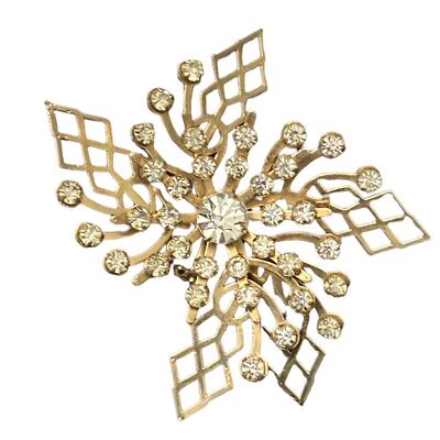 Vintage Snowflake rhinestone swirl bling brooch gold tone metal pinwheel pin