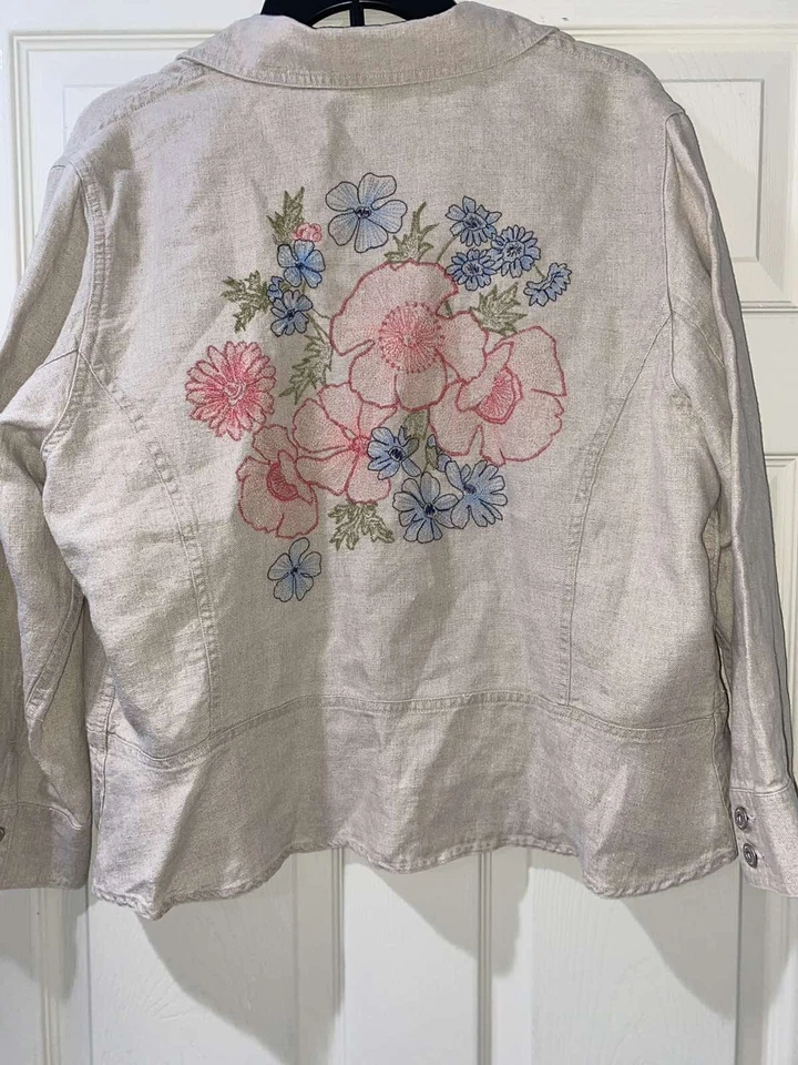 Chaqueta Mujer Colección Liz Claiborne Lino Beige Vintage Bordada Talla XL Foto 2 de 4