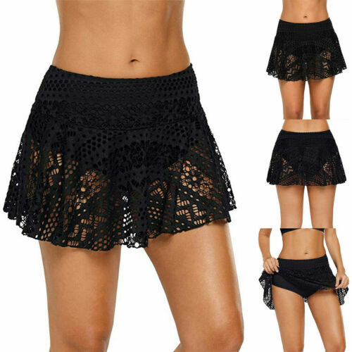 Women Swim Bikini Bottoms Ladies Monokini Beach Lace Shorts Skirt 4 Sizes Black - Picture 1 of 22