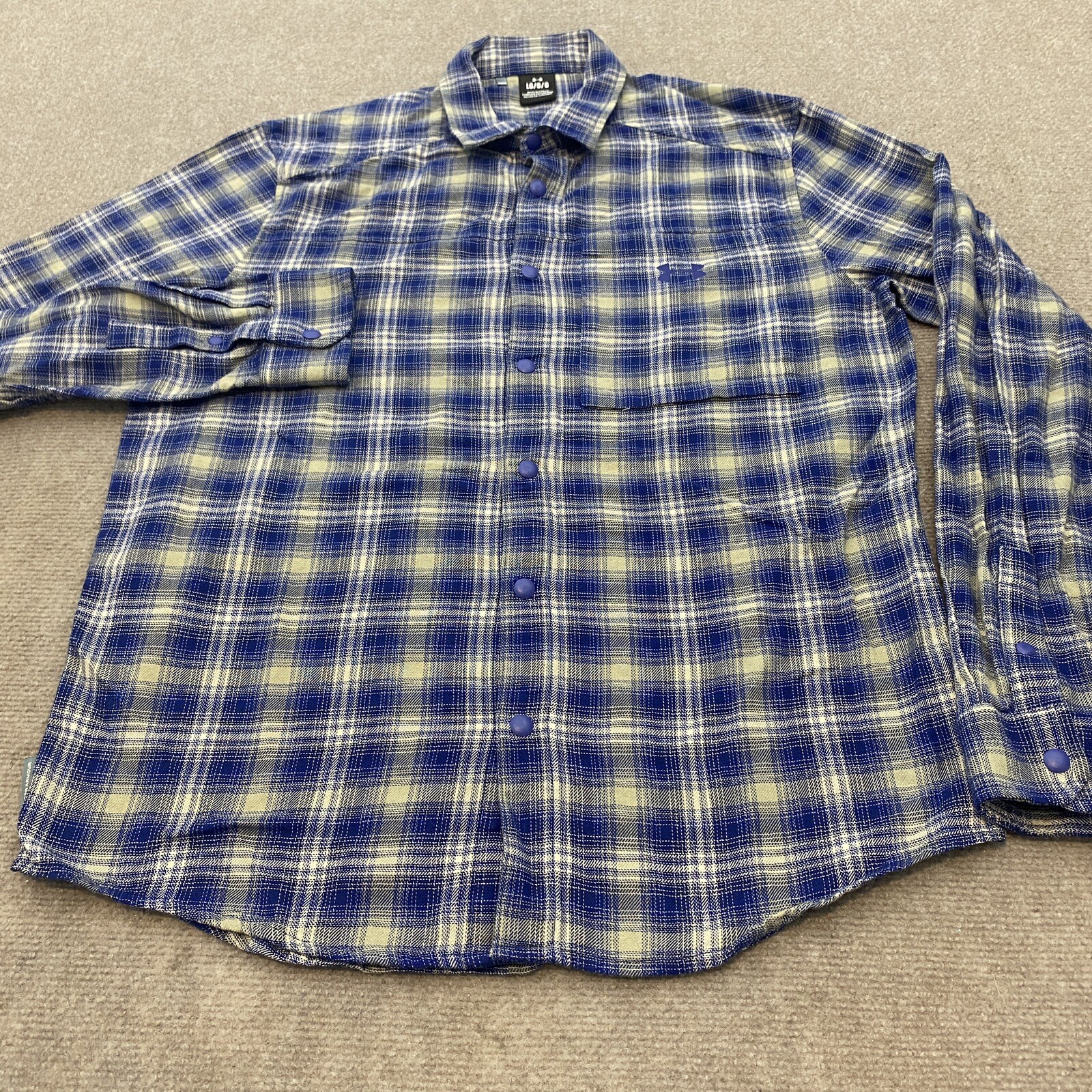 Under Armour Shirt Men's Large Blue Gray Plaid Snap Button Long Sleeve Vented