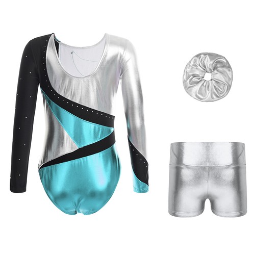 Kids Girls Outfit Metallic Set Rhinestones Dancewear Shiny Round Neckline Dance - Picture 8 of 53