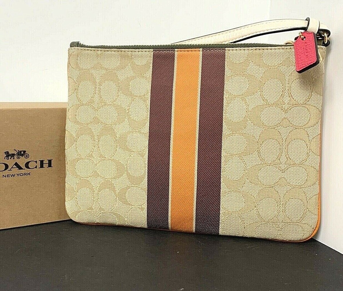 バッグ COACH Signature Stripe Accessory Pouch Coach Gallery Pouch Varsity Stripe Pouch Signature Canvas 2633 New