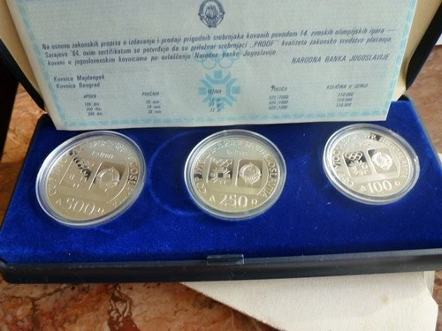 YUGOSLAVIA. 1984 W Olympics, 3 Proof AG Coins, Case, Certificate