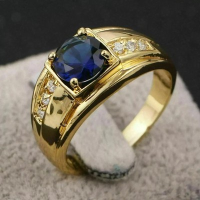 2.20CT Round Cut Lab-Created Sapphire & Diamond Mens Ring 14K Yellow Gold Plated