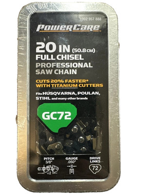 Powercare Pro GC72 Full Chisel 20 in Saw Chain w/ Titanium Chain Loop 7/32 File
