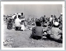 Vtg B&W Snapshot Busy Beach Scene With Umbrellas 1950s