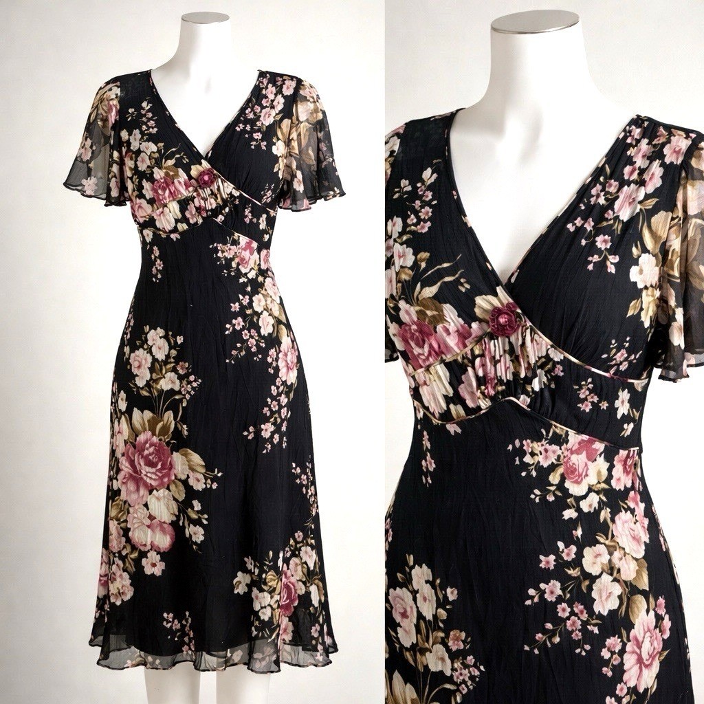 ECI New York 100% Silk Floral Midi Dress Womens 14 Black Empire Waist