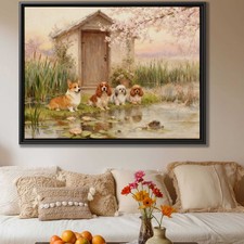 Vintage Corgi Dog Oil Painting Canvas Print Rustic Home Decor Wall Art