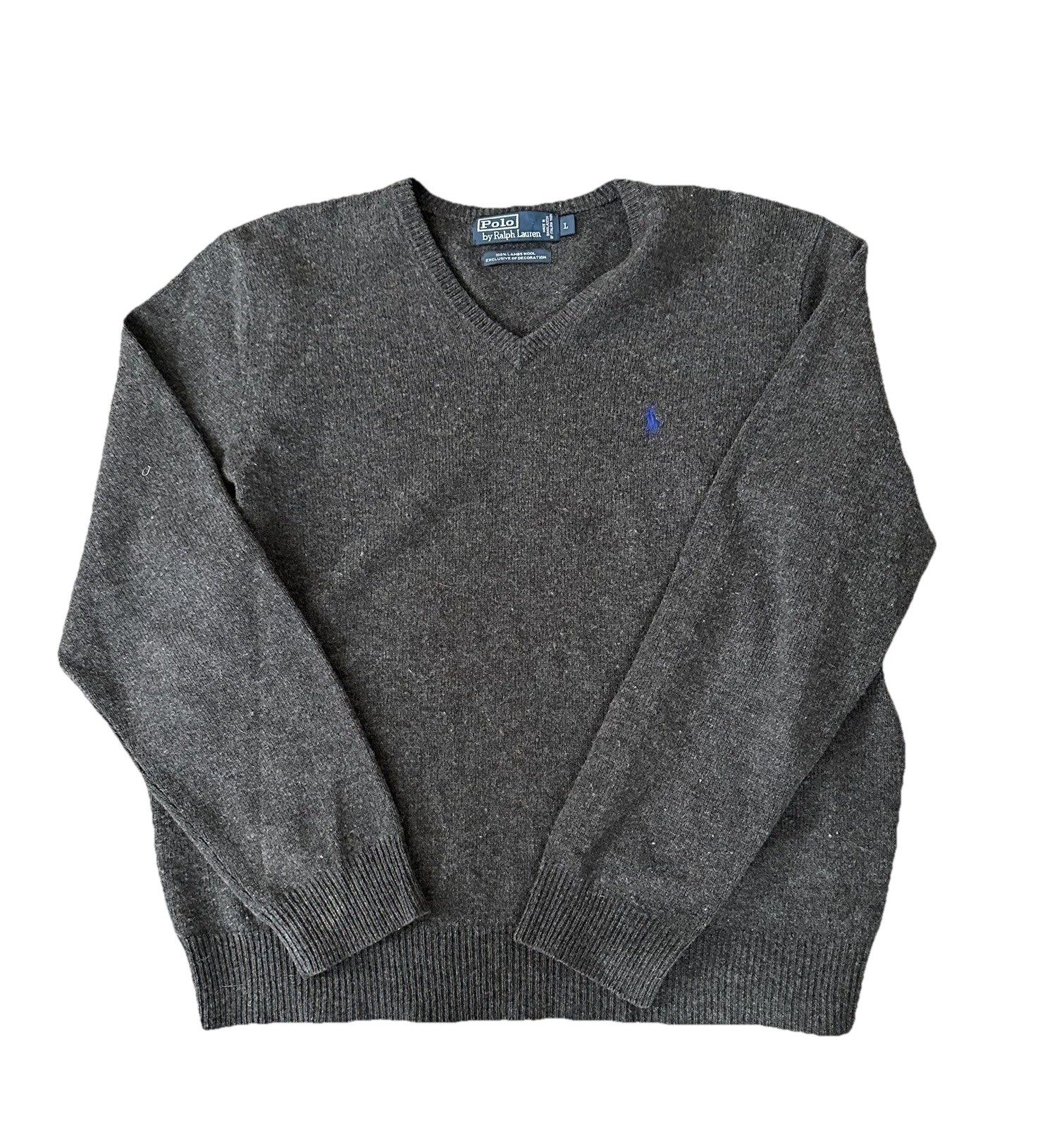 PONY POLO RALPH LAUREN taglia L maglione uomo 100% filato italiano lana agnello scollo a V grigio