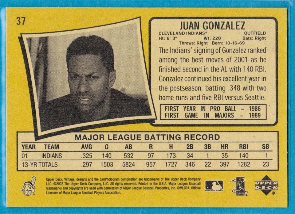 2002 Upper Deck Vintage - Juan González #37 - Image 2 of 2
