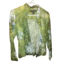 Citron Women's Size M Green Floral Button Front Jacket Cotton/Silk Long Sleeve 