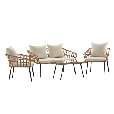 Flash Furniture Evin Indoor/Outdoor Rope Rattan Patio Conversation Set Cream