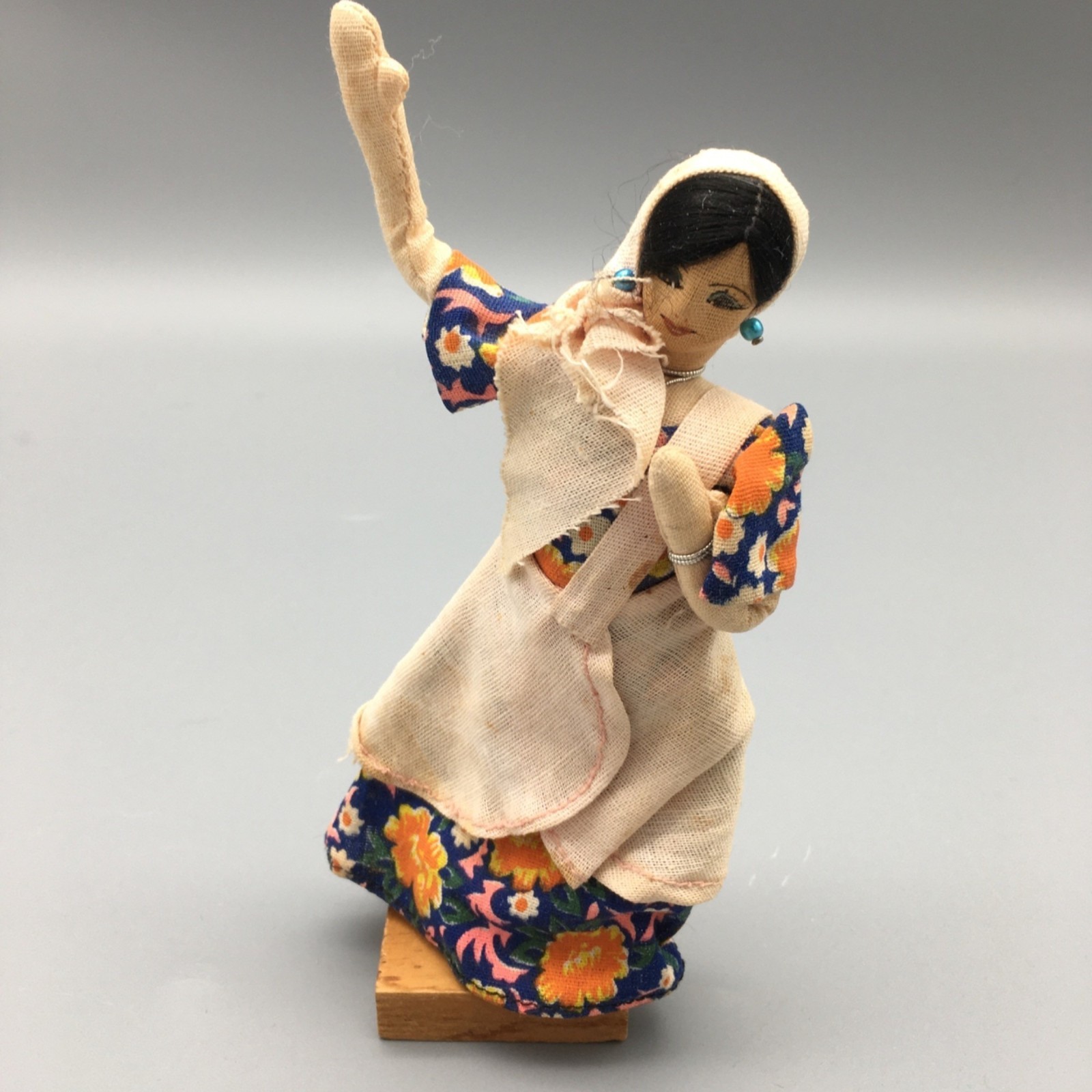 Vintage Folk Art Doll Fabric Woman Figurine Wood Base Ethnic Decor