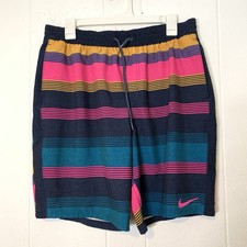 Nike Mens Large Swim Trunks Shorts Mesh Lining Stripes Teal Pink Pockets Drawstr