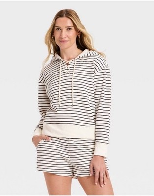 NWT Lace Up Hoodie Pullover Sweatshirt - Universal Thread Navy Blue Striped Med