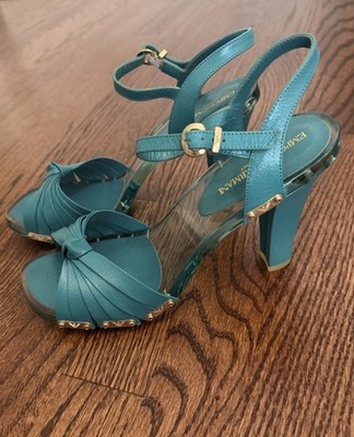 Emporio Armani Teal Leather Strappy Open Toe Block Heel Sandals US 8