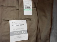 NEW PERRY ELLIS PORTFOLIO 34 x 32 KHAKI pants brown NO IRON FLAT FRONT COTTON