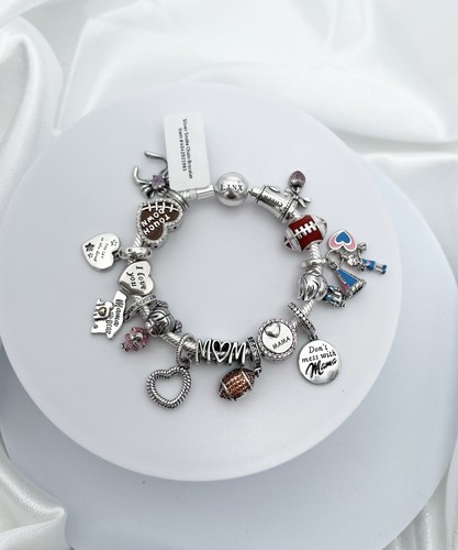 Linx Silver Snake Chain Bracelet with Football And Cheer Mom Themed Charms - Picture 1 of 6