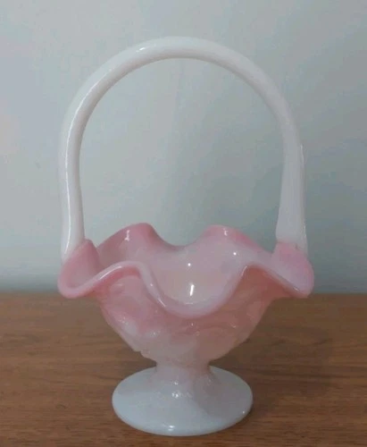 Vintage Fenton Rosalene Pink/White Inverted Strawberry Mini Basket