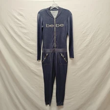 Bebe Jumpsuit Womens XS Blue Denim Wash Rhinestone Logo Zip One Piece Lounge