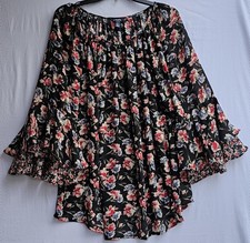 Chaps Shirt Womens 2X Black Floral Peasant Boho Bell Sleeve Ruffle Flowy Tunic