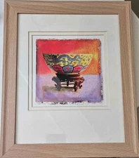 Framed and matted Chinese art. Print Of antique palace-style bowl on stand.