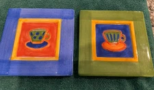 Pier 1~ Set Of 2 Trivet /Tile~ Ceramic~ Tea/coffee cup design~ Square NHH-728