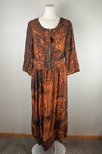 Soft Surroundings Venetian Midi Dress Boho Sepia & Black Print Zip Front Size 6