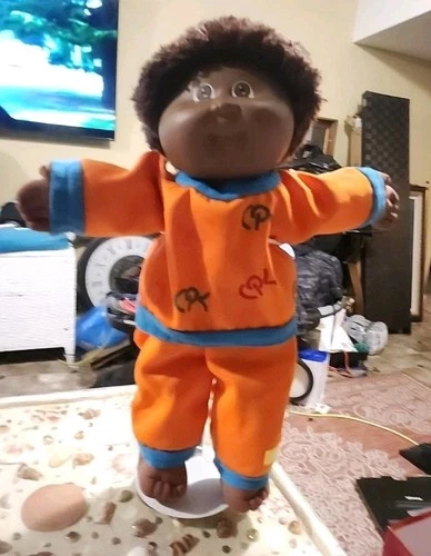 Cabbage Patch Kid Doll #3 AA African Fuzzy Boy Brn Eyes Orange CPK Jogger Outfit