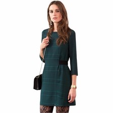 Sezane Hunter Green Textured Mini Dress with a Black Ribbon Tie at Waist Size 38