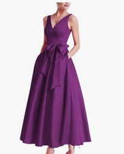 Miss Veil Plum Satin Tea Length Dress Sleeveless A Line Bow Accent Waist Size 8