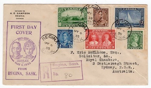 CANADA 1935 ROYAL SILVER JUBILEE REGD FIRST DAY COVER FROM REGINA TO AUSTRALIA