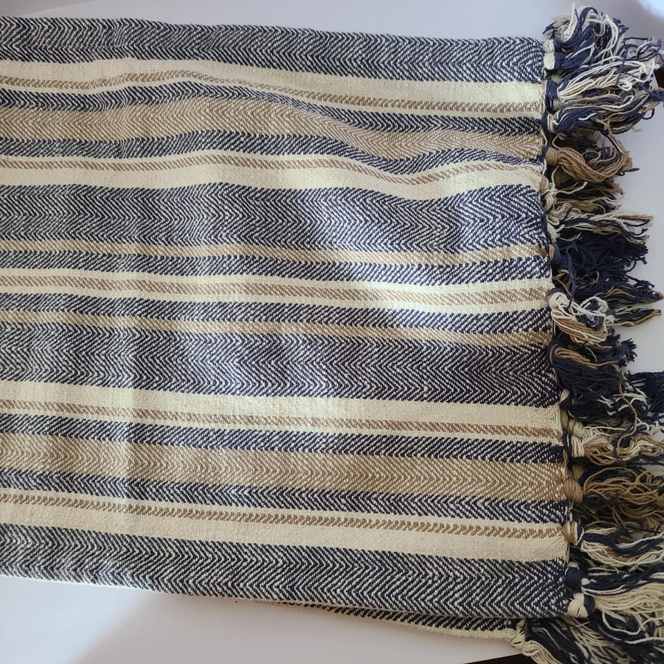 Juego de 4 manteles individuales a rayas azul marino y beige 12" x 24" algodón tejido - Cynthia Rowely Foto 4 de 4