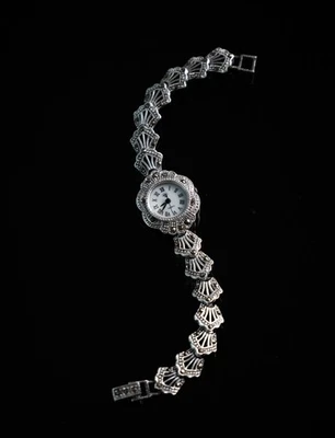 Art Déco Silberuhr 925 Sterling Silber Markasit Römische Ziffern Vintage 18,5 cm - Bild 1 von 4