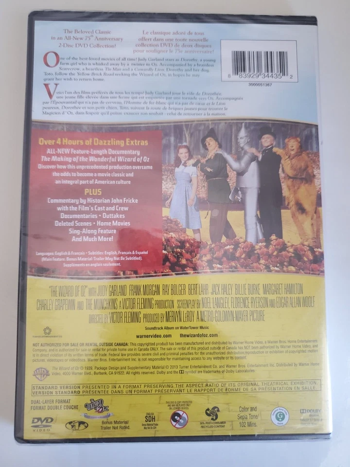 The Wizard of OZ 75th Anniversary Edition DVD Brand New 2013 Warner Bros. movie - Image 2 of 2