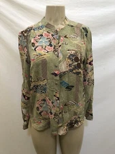 Citron Santa Monica Green Asian Floral Print Silk Blouse Size S