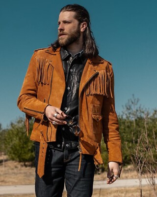 Mens Brown Fringe Suede leather Jacket. Real Soft Sheepskin