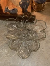 Vintage Leaf-shaped Clear Hand Crafted Glass Relish Plate Tidbit Dish