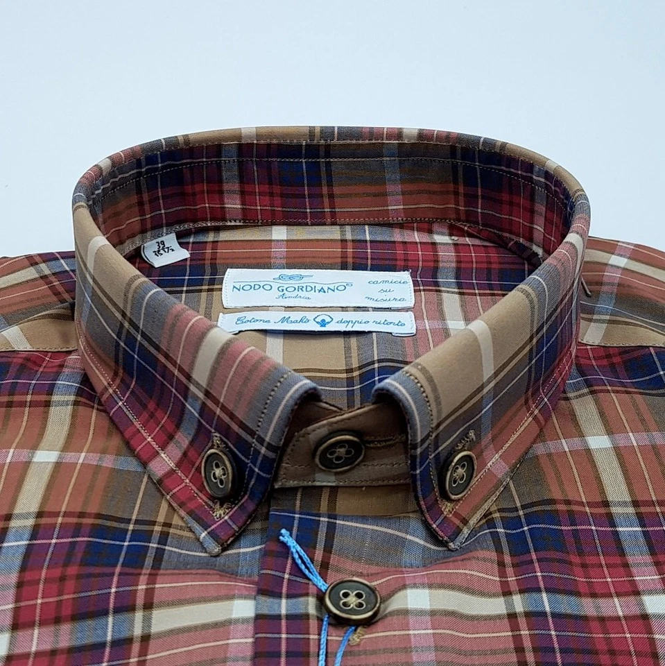 Camicia Quadri Scozzese Marrone Button down piccolo Cotone makò ritorto Monti - Immagine 2 di 4