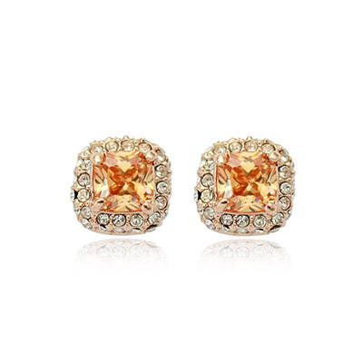 LOVELY 18K GOLD PLATED GENUINE TOPAZ CZ & AUSTRIAN CRYSTAL SQUARE STUD EARRINGS