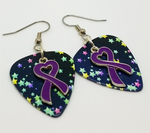 Purple Ribbon Heart Charm Guitar Pick Earrings with Surgical Steel Earwires - Picture 29 of 30