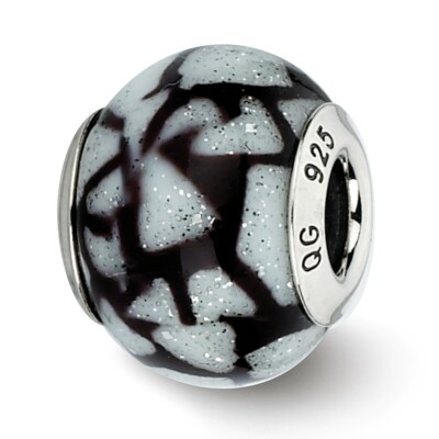 White & Black Glitter Overlay Glass Bead .925 Sterling Silver Reflection Beads